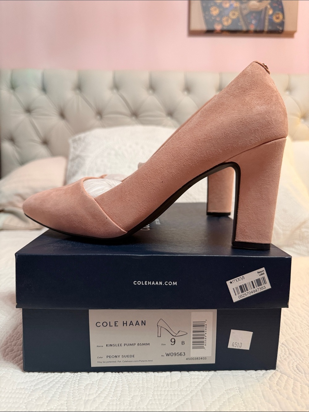 Cole Haan Peony Suede Kinslee Pump - Blush Pink Block Heel